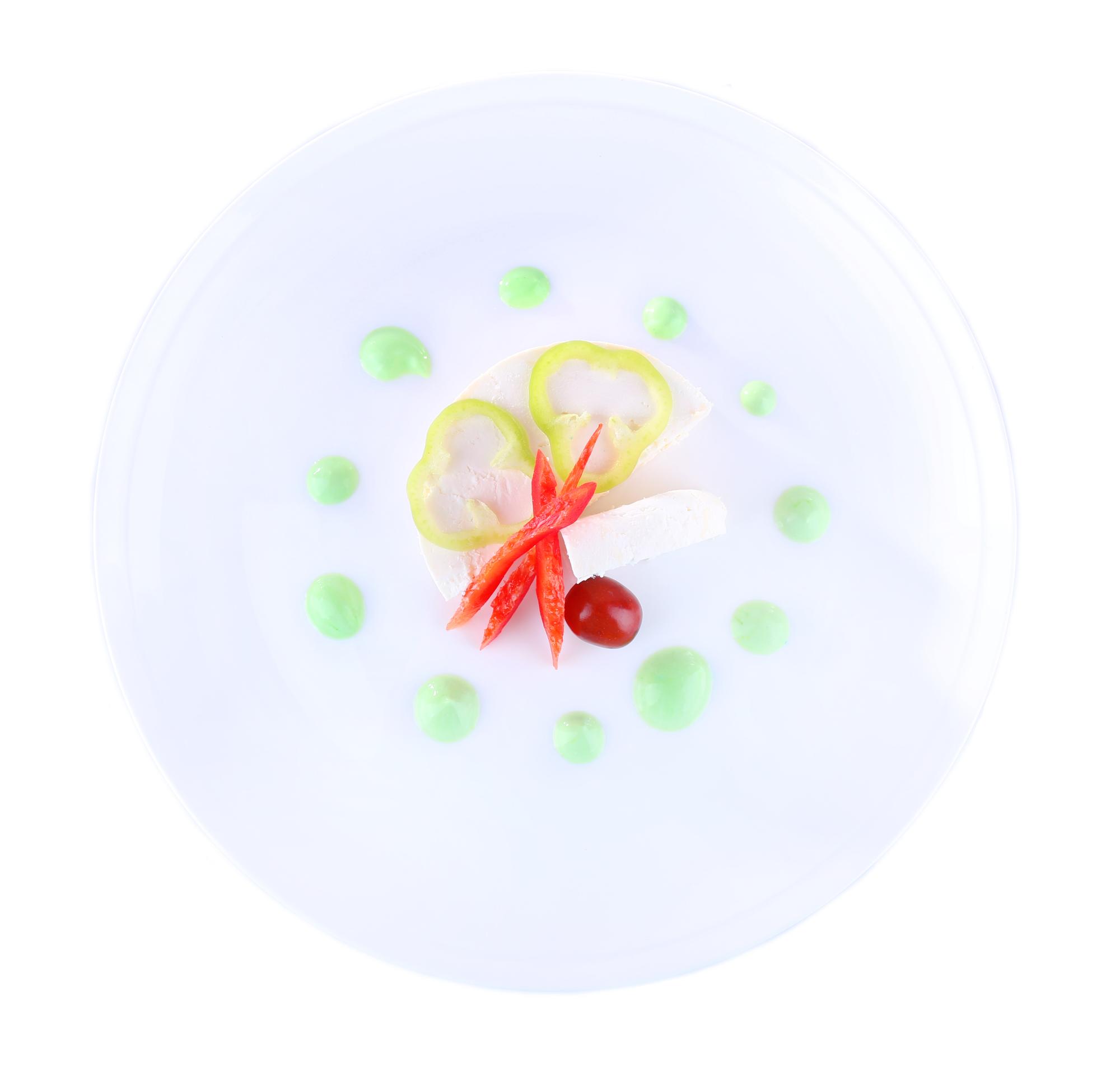 Large plated dish with molecular garnish